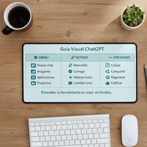 May include: A top-down view of a workspace with a digital tablet displaying "Guía Visual ChatGPT" and menu options. A wireless keyboard, mouse, a cup of coffee, and a small succulent plant are also on the wooden surface.