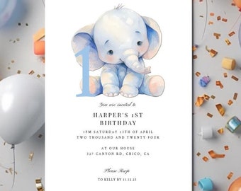 Kids Birthday Party Invitation Customizable Template | Kid's Birthday | Elephant Birthday Invite | Instant Download & Print at Home
