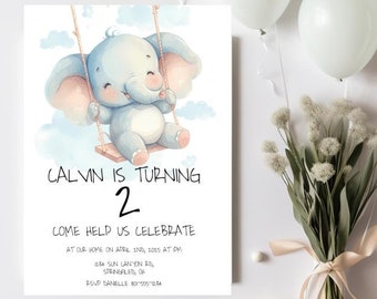 Kids Birthday Party Invitation Customizable Template | Kid's Birthday | Elephant Birthday Invite | Instant Download & Print at Home