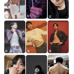 May include: A collection of nine rectangular photo cards featuring a young person with dark hair in various poses, including shirtless shots, portraits, and fashion photography, each labeled with a white number from 10 to 18 in the bottom corner.