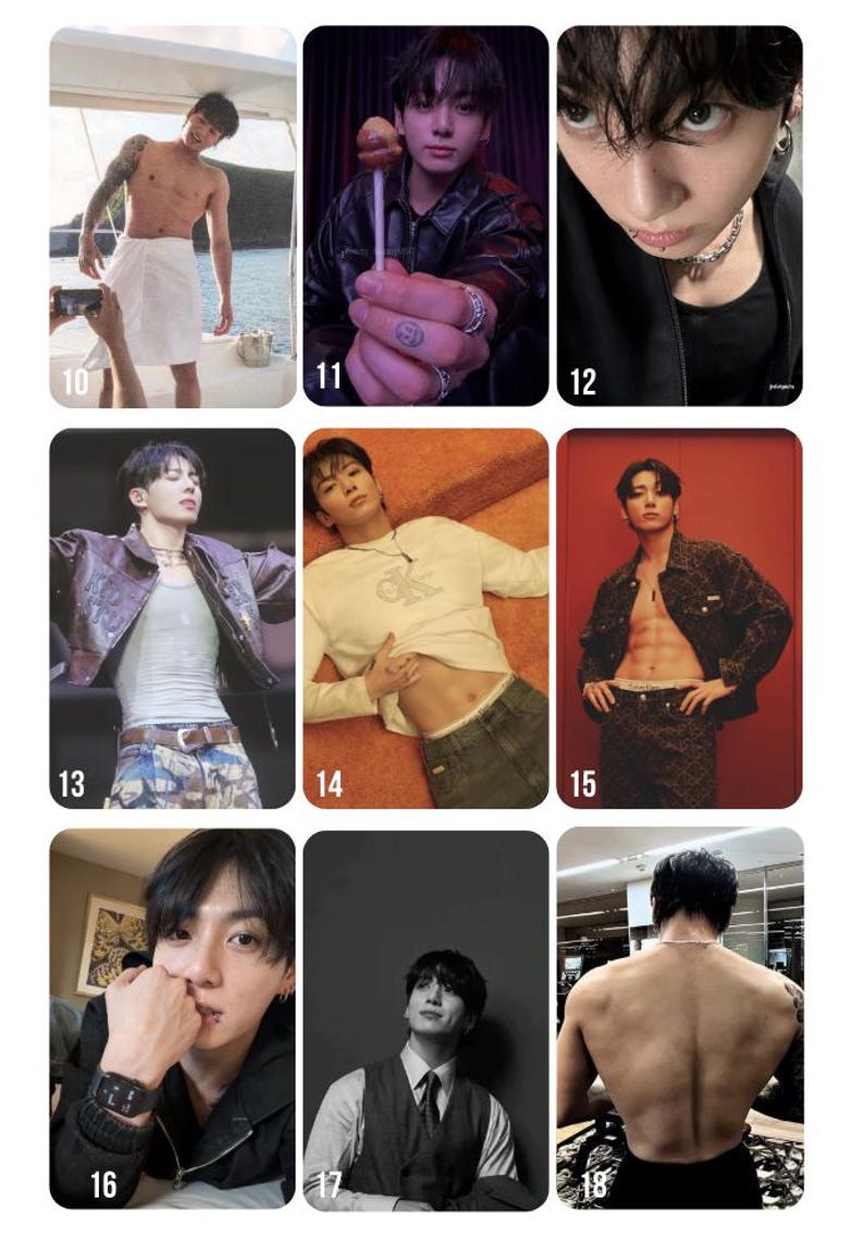 May include: A collection of nine rectangular photo cards featuring a young person with dark hair in various poses, including shirtless shots, portraits, and fashion photography, each labeled with a white number from 10 to 18 in the bottom corner.