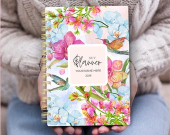 Personalized Hummingbird Planner, Weekly Monthly, Gold Spiral