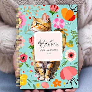 Personalized Cat Planner | Floral Cover, Gold Spiral