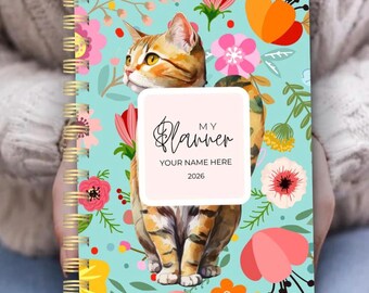 Personalized Cat Planner | Floral Cover, Gold Spiral