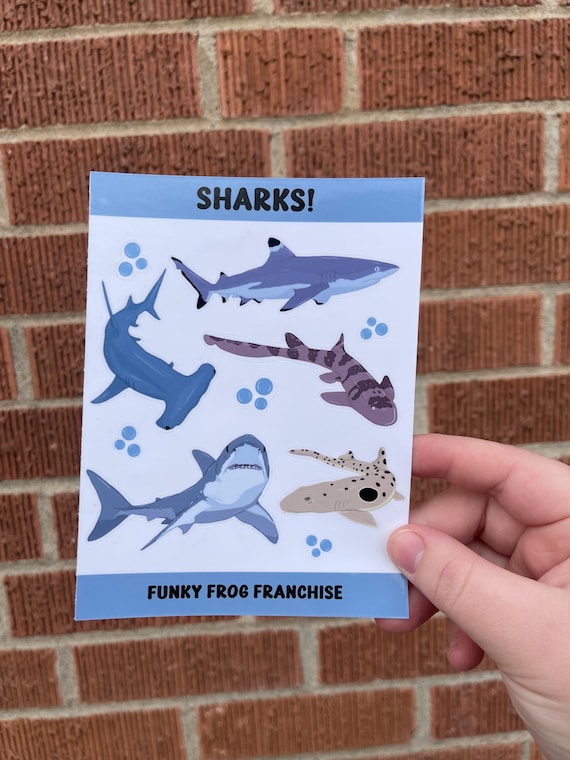 Sharks Sticker Sheet | Glossy | Epaulette, Hammerhead, Bamboo, Reef, Great White | Vibrant | Unique Cute | Blue, Bubbles | Animal Lover Gift
