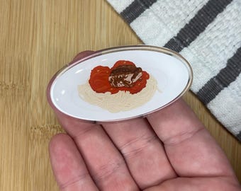 Rain Frog Spaghetti Plate Acrylic Pin | Silly Foodie Accessory