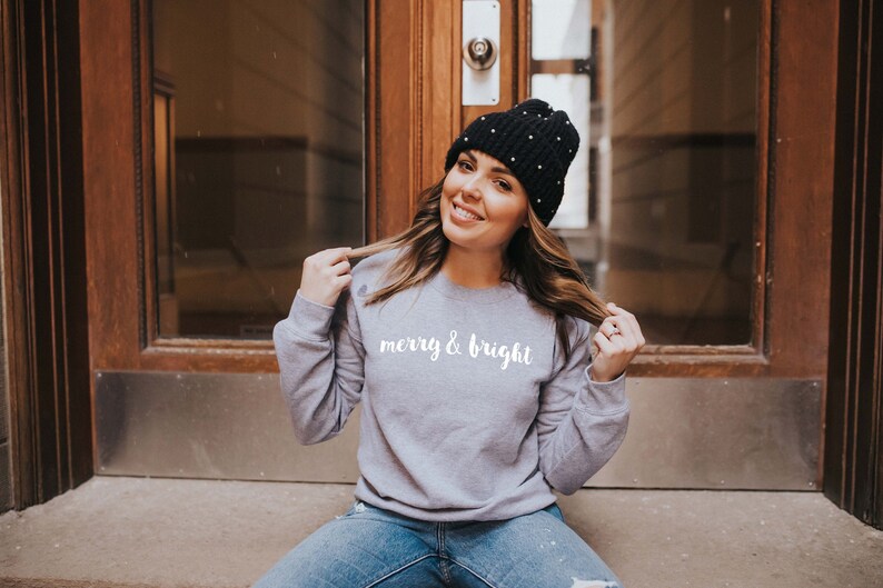 Merry & Bright - Christmas Sweatshirt | Holiday Sweatshirt | Fun Christmas Shirt | Women's Holiday Sweatshirt | Men's Holiday Sweatshir Athletic Grey