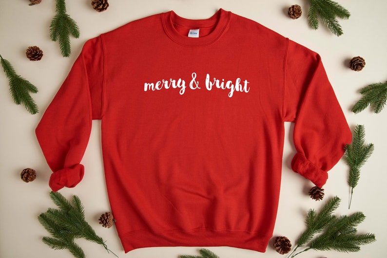 Merry & Bright - Christmas Sweatshirt | Holiday Sweatshirt | Fun Christmas Shirt | Women's Holiday Sweatshirt | Men's Holiday Sweatshir Red