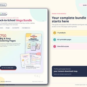 Peut inclure: Un guide de produit numérique intitulé Back-to-School Mega Bundle présentant 750 Big & Easy Coloring Pages. La mise en page comprend du texte, des icônes et des boutons pour 11 produits, 821 pages imprimables et un accès numérique instantané, le tout dans une palette de couleurs pastel.