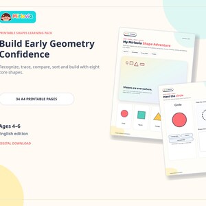 Peut inclure: Un pack d'apprentissage des formes imprimable intitulé Build Early Geometry Confidence par Mirlovia. Le téléchargement numérique comprend 34 pages A4 pour les 4-6 ans, avec des exercices pour reconnaître, tracer, comparer et trier huit formes.