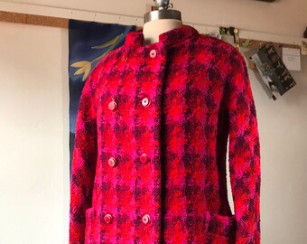 vintage '60s Marshall Fields custom woven red/purple full length coat mandarin collar