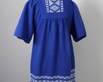 Mid-Century blue Folk Huipil-style dress with white embroidery Paulina's label