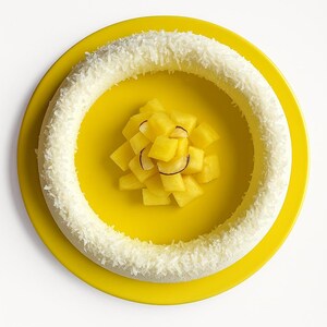 Op de afbeelding: Een geel bord met een witte kokosnoot ring en een stapel gesneden ananas in het midden.