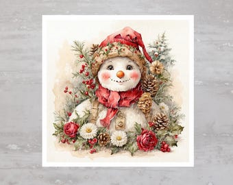 May include: A snowman with a red hat and scarf is surrounded by greenery, red berries, and pine cones. The snowman has a happy expression and is wearing a brown vest.