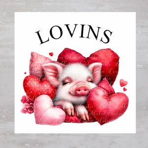 Farm Piggy Laying In Valentines Hearts Fabric Panel A510, Quilting Square, Quilt Sewing Block, Clothing Applique, Panel Junk Journal Fabric