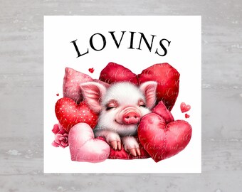 Farm Piggy Laying In Valentines Hearts Fabric Panel A510, Quilting Square, Quilt Sewing Block, Clothing Applique, Panel Junk Journal Fabric