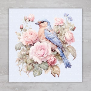 Romantic Cottagecore Chic Blue Bird And Roses Fabric Panel A177, Fabric Craft Sewing Quilt Block, Quilting Square, Clothing Applique Panel
