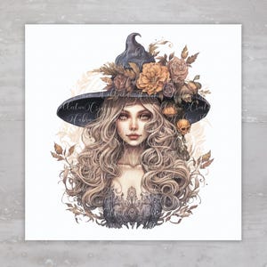 Floral Hat Gothic Witch Halloween Quilt Fabric Panel A20, Quilting Fabric Block For Sewing, Upcycled Clothing Applique, Pillow, Junk Journal