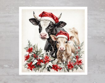 May include: Watercolor illustration of a cow and calf wearing Santa hats, surrounded by holly and poinsettias. The cow is black and white, and the calf is tan. Festive holiday art.
