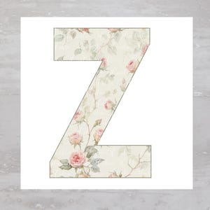 May include: A decorative letter Z with a floral pattern. The letter is white with a light green and pink floral design.