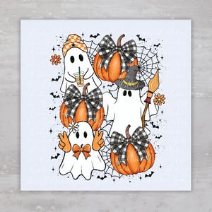 Halloween Ghost Pumpkins And Spider Webs Fabric Panel A157, Square Fabric Craft Sewing Quilt Block, Quilting Square, Clothing Applique Panel