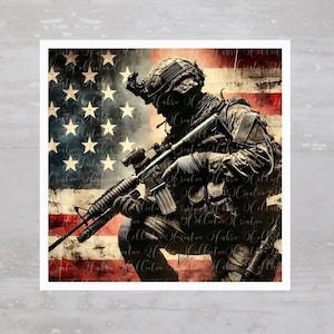 Military Combat Soldier US Flag Fabric Panel A753, Quilting Square, Quilt Sewing Block, Clothing Applique Pillow Panel Crafting Fabric