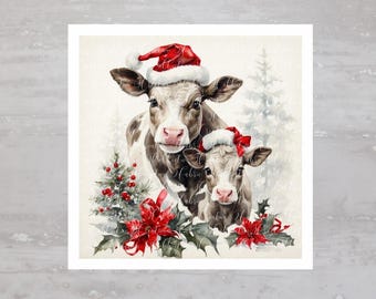May include: Two brown and white cows wearing red Santa hats with red bows. The cows are standing in front of a snowy winter scene with green holly and red poinsettia flowers.