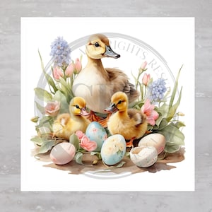 Easter Mamma Duck & Chicks Floral Egg Fabric Panel A690, Quilting Square, Quilt Sewing Block, Clothing Applique Pillow Panel Crafting Fabric