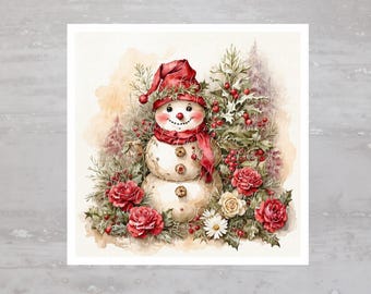 May include: Watercolor illustration of a snowman wearing a red hat and scarf, surrounded by red roses, white daisies, and greenery. The snowman has button eyes and a carrot nose, evoking a festive holiday theme.