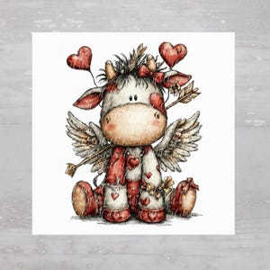 May include: A watercolor illustration of a cow dressed as Cupid, with wings, a bow and arrow, and heart-shaped balloons. The cow is white with red accents and hearts, perfect for Valentine's Day or a romantic theme.