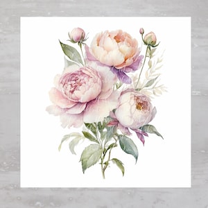 May include: A watercolor painting of a bouquet of pink and white peonies with green leaves and stems.
