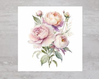 May include: A watercolor painting of a bouquet of pink and white peonies with green leaves and stems.