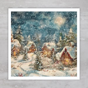 Winter Christmas Snowy Night Quilt Fabric Panel A124, Square Fabric Craft Sewing Quilt Block, Quilting Square, Clothing Applique Panel