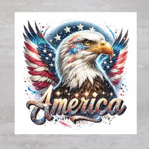 May include: A digital illustration of an American bald eagle with wings spread, featuring red, white, and blue colors. The word "America" is written in a decorative font below the eagle. The background includes a blue circle with white stars.