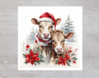 May include: Two brown and white cows wearing a red Santa hat and a red and white scarf, standing in a snowy winter scene with red poinsettia flowers.