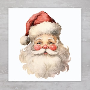 May include: A vintage illustration of Santa Claus with a red hat and white beard. He is smiling and has rosy cheeks.