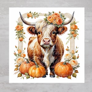 Thanksgiving Pumpkins Highland Cow Fabric Panel A357, Quilting Square, Quilt Sewing Block, Clothing Applique Panel Junk Journal Fabric