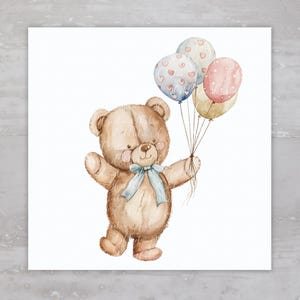 Boy Nursery Teddy Bear With Balloons Fabric Panel Sewing Quilt Block A25, Quilting Square, Pillow, Fabric Junk Journal, Fabric Crafts