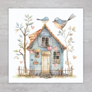 Cottage Blue House With Blue Birds Fabric Panel A86, Square Quilt Fabric, Craft Sewing Quilt Block Quilting Square Clothing Applique Panel