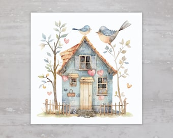Cottage Blue House With Blue Birds Fabric Panel A86, Square Quilt Fabric, Craft Sewing Quilt Block Quilting Square Clothing Applique Panel