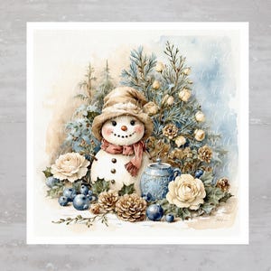 Winter Christmas Tree Festive Snowman Fabric Panel A456, Quilting Square, Quilt Sewing Block, Clothing Applique Panel Junk Journal Fabric