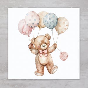 Girl Nursery Teddy Bear With Balloons Fabric Panel Sewing Quilt Block A26, Quilting Square, Pillow, Fabric Junk Journal, Fabric Crafts