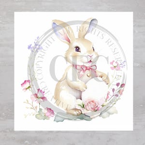 May include: Watercolor illustration of a bunny holding an egg, surrounded by flowers. The bunny has a pink bow and is set against a floral wreath. Soft pastel colors create a whimsical Easter theme.