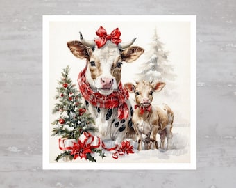 May include: A watercolor painting of a cow and calf wearing red and white plaid scarves and red bows. The cow has black and white spots and the calf is brown. They are standing in a snowy forest with a small Christmas tree behind them.