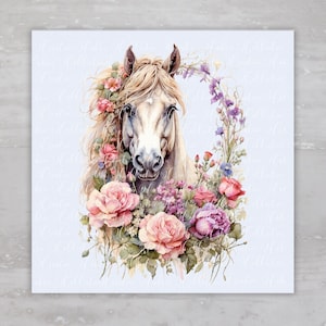 Rose Floral Farmhouse Chic Blonde Horse Fabric Panel A185, Fabric Craft Sewing Quilt Block, Quilting Square, Clothing Applique Panel