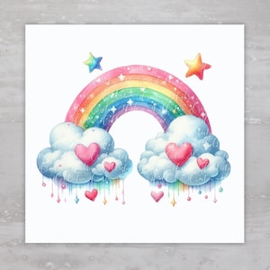 May include: A watercolor illustration of a rainbow with clouds and hearts. The rainbow is made up of red, orange, yellow, green, blue, indigo, and violet. The clouds are white with a light blue tint. The hearts are pink. The background is white.