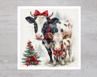 May include: A black and white cow with a red bow and a smaller brown and white calf with a red bow stand in front of a small green Christmas tree with red bows.