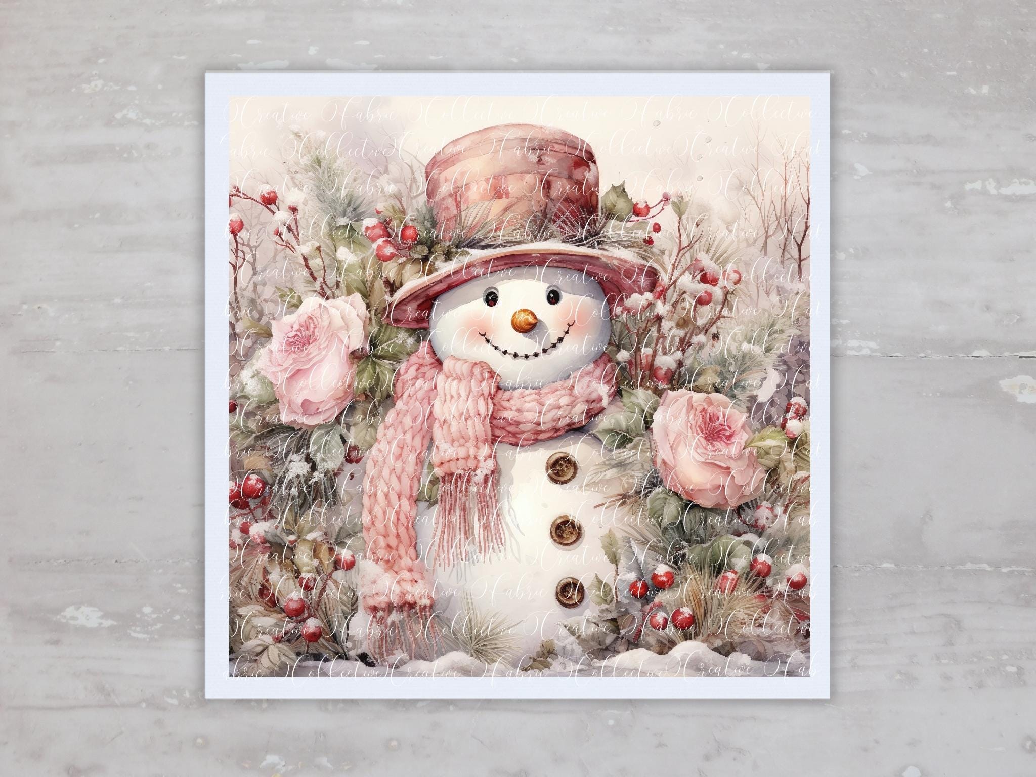 Pink Christmas Rose Shabby Cottagecore Snowman Fabric Panel A187, Fabric Craft Sewing Quilt Block, Quilting Square, Clothing Applique Panel