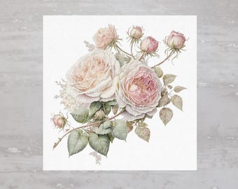 May include: A bouquet of blush pink and white roses with green leaves and stems. The roses are arranged in a cluster, with some buds still closed. The background is white.