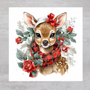 Festive Christmas Holiday Floral Scarf Deer Fawn Fabric Panel A309, Craft Sewing Quilt Block, Quilting Square, Applique Panel, Fabric Crafts